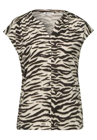 Street One - Kurzarmshirt mit Animal-Print und Knopfleiste braun - Gr. - 40