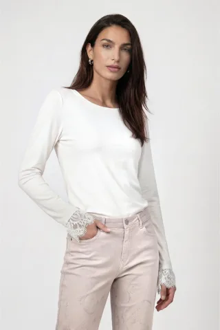 monari - Langarmshirt mit Spitzenborte off-white - Gr. - 34
