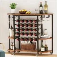 OUNUO Weinregal Weinschrank mit Rollen für 25 Flaschen, Glashalter und Tischplatte
