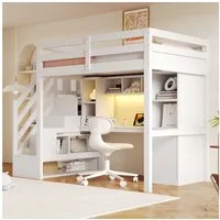 Celya Hochbett mit Treppe, LED-Beleuchtung und EU-Standard-Steckdosen (ohne Matratze, mit Schreibtisch, Regalen und hohen Sicherheitsgittern) Geeignet für Schlafzimmer, Kinderzimmer und Jugendzimmer