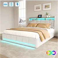 Furnishings Home Polsterbett Stauraumbett Doppelbett Jugendbett (4 Schubladen), Mit LED-Beleuchtung, 2 USB & TYPE-C Anschlüsse, Leinen, 180x200 cm