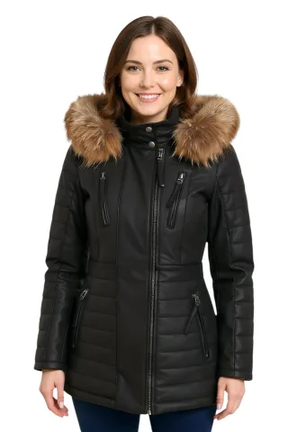 Damen Schwarz Damen Schwarz Gesteppte Lederparkajacke-Bowen