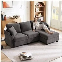 Merax Ecksofa L-förmiges modulares Sofa mit Schlaffunktion, USB und Type C, mit 2 Kissen, geeignet für Wohnzimmer/Büro/Wohnung 1 Teile, L-Form 3-Sitzer-Sofa mit Fußhocker, Getränkehalter & Armlehnenablage
