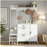 KLAM HOME Garderoben-Set Weißer MDF-Garderobenständer mit Spiegel und Sitzbank, (Kombinierter Schuhschrank mit Haken & vielfältigem Stauraum), Komplette Flurgarderobe 140x30x200cm für Eingänge
