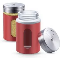 Praknu Salzstreuer 12 Gewürzdosen Rot I Gewürzstreuer Edelstahl Set 80ml, (Set, 12-tlg), Mit Sichtfenster und 3fach Streuregulierung - Gewürzgläser für Gewürze