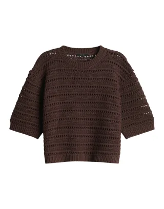 Opus - Strickpullover mit Lochmuster und halblangen Ärmeln braun - Gr. - M