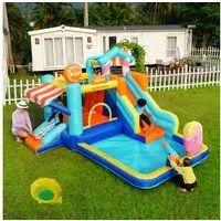 LVHOM Planschbecken Hüpfburg mit Gebläse, Kinderpool mit Rutsche, Garten, 8 in 1, (2xWasserspielbecken, Rutsche, Trampolin, Basketballkorb, Kletterwand, Basketballkorb, Wurfpunktwand, Ringwurfspiel), BUNTER SPIELSPASS FÜR DAS GANZE JAHR