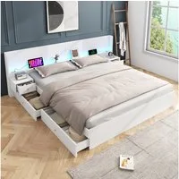 Flieks Holzbett, LED Doppelbett 180x200cm mit Aufladen 2 Nachttische und 2 Schubladen