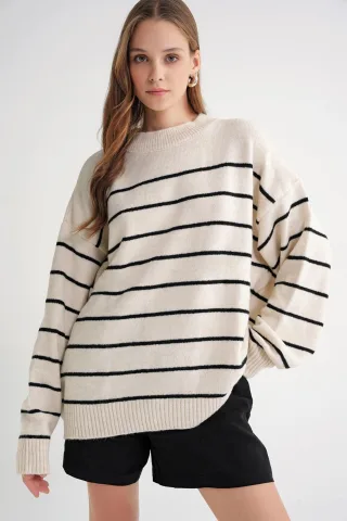 Gestreifter Rundhals Relaxed Strickpullover