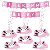 BRUBAKER Girlande Willkommen Baby Wimpelkette für Mädchen mit Storch Anhängern, Willkommensdeko Set für Zuhause, Babyparty und Babyzimmer Dekoration