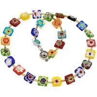 Perlenkette Kette mit Millefiori Glas bunt 1 cm Perlen quadratisch, mit Millefiori Glas Perlen