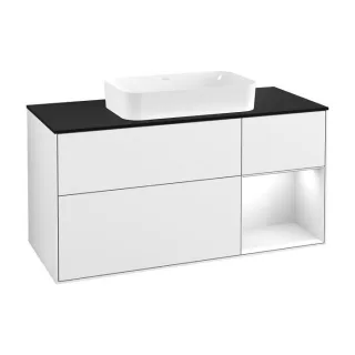 Villeroy und Boch Finion Waschtischunterschrank F302GFGF 120cm, Abdeckplatte black matt, Regal rechts Glossy white lacquer, Glossy white lacquer