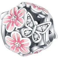 PANDACHARMS Bead Rosa Blüten mit Glitzernden Schmetterlingen Charm, 925er Silber