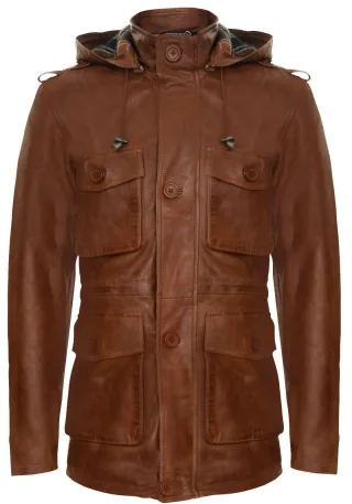 Trenchcoat mit Kapuze und mehreren Taschen aus Leder