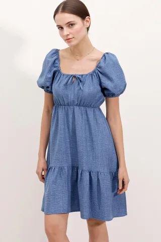 Quadratischer Halsausschnitt A-Form Mini-Kleid mit Schleife