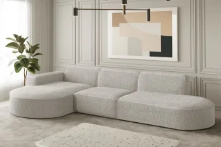 Ecksofa Designersofa PALMA in Stoff Ascot Pearl Ottomane Links