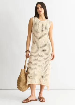 Beigefarbenes gehäkeltes Strick-Bodycon-Midi-Dress
