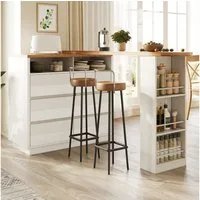 Flieks Bartisch 360° drehbar Esstisch mit Rollen & Kommode mit 6 Schubladen (Tischplatte in Holzoptik, Länge137-215x39 cm, 2-St., 2er Set), Schwenkbar Stehtisch mit Mehrzweckschrank Sideboard Weiß