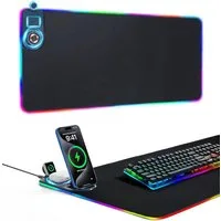 Toomoke Gaming Mauspad RGB Mousepad Induktive Ladestationen 15W kabelloses Laden (für Büro und Zuhause, schwarz, Wireless Charger, Wasserfestes Mauspad mit Handyhalterung), 800 × 300 × 17 mm, 15 RGB-Beleuchtungsmodi,3 in1 MagSafe Ladegerät