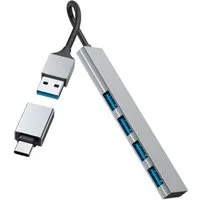Hama USB Hub mit Adapter, 4 Ports mit USB C und USB A Stecker, Slim, grau USB-Adapter USB Typ A, USB Typ C zu USB Typ A, 15 cm