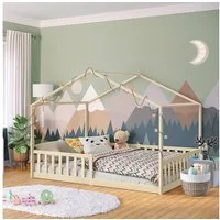 Bellabino Hausbett Bia mit Lattenrost (natur, optional mit Matratze), Bodenbett mit Rausfallschutz, verfügbar in 80x160 & 90/120/140x200 cm