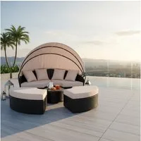Melko Gartenlounge-Set Polyrattan Sonneninsel Tisch & Kissen 180CM Strandkorb Set, (Stück), Wasserabweisend