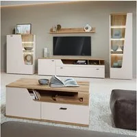 Lomadox Wohnzimmer-Set CARMONA-129, (Mega-Spar-Set, 5-St., Couchtisch Highboard Lowboard Vitrine Wandregal), in Kaschmir und Eiche, inkl. LED-Beleuchtung