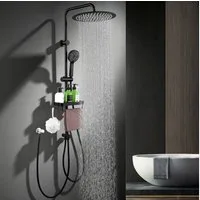 HOMELODY Duschsystem Regendusche 30 cm mit Ablage Handbrause 5 Funktionen Schwarz, Duschset Edelstahl Umsteller höhenverstellbar PVC Schlauch ohne Bohren