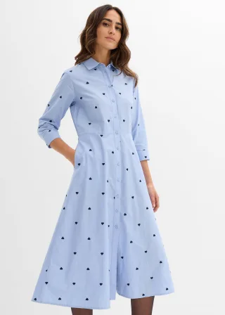 bonprix Hemdblusenkleid aus reiner Bio-Baumwolle, blau, Gr.44, Hemdblusenkleid mit Herz-Stickerei, aus 100% Baumwolle