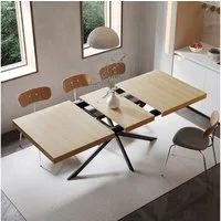 OKWISH Esstisch Esszimmertisch (rechteckig mit verstecktem Stauraum, naturfarbene Tischplatte mit geprägter Mittelfläche, Ausziehbarer Küchentisch 140–180 cm im Retro-Design)