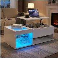 Furnishings Home Couchtisch Höhenverstellbarer LED Wohnzimmertisch Kaffeetisch (1-St., Inkl. Glastischplatte, Doppel-Hebemechanismus, Verstecktem Stauraum), mit LED-Beleuchtung, Aufklappbar