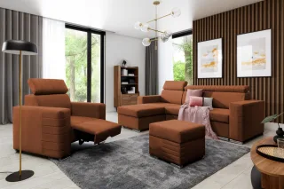 Ecksofa inkl. Hocker und Sessel CANTON Stoff Camelia Rostbraun Ottomane Links