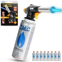 ZMC Flambierbrenner Gasbrenner Gasanzünder Lötbrenner mit Piezozündung + Gaskartuschen, (Temperatur von bis zu 1300 ° C, Einstellbare Flamme, Piezo-Zündung, Kohleanzünder Flambierbrenner Butangasbrenner, 8-tlg), Brenneraufsatz Gasbrenner Flambiergerä