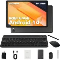 BUFO 10 Zoll 1280x800 HD 5000mAh WiFi 6 mit Tastatur, Maus und Stylus Tablet (10.1", 64 GB, Android 14, 5G WiFi, Android 14 mit Tastatur Set, KI-Unterstützung, 8GB+64GB)