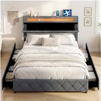 COSTWAY Polsterbett (1-tlg), Doppelbettgestell, mit LED, Ladestation, Schubladen, 160x200cm