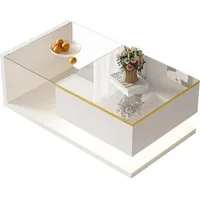 Merax Couchtisch mit Ablagefach und Glastischplatte (90*50*32,5cm, 1-St., 1 Tisch), Beistelltisch Hochglanz mit LED, Wohnzimmertisch Kaffeetisch Satztisch