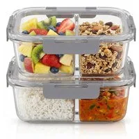 Arendo Frischhaltedose 2er Set Glas Vorratsdosen, 2 Fächer, Lunchboxen, auslaufsicher, Deckel, Borosilikatglas, (Set, 2-tlg., mit 2 Fächern), Mikrowellen, Ofen, Gefrier & spülmaschinengeeignet, Bento, Meal Prep