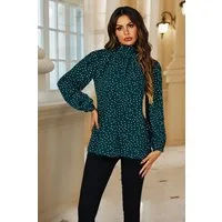 FS Collection Langarmbluse Damen Bluse mit Bindeband hinten und Polka-Dot-Print - Blusenoberteil (S (EU:36 / UK:8) M (EU:38 / UK:10) L (EU:40 / UK:12) XL (EU:42 / UK:14), Petrolgrün) leicht, glatt, formstabil und pflegeleicht