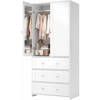 VOWNER Kleiderschrank mit Spiegel, Kleiderstangen, 2 Türen und 3 Schubladen, 80x180x48 cm (1-St) Schlafzimmerschrank mit viel Stauraum, Weiß