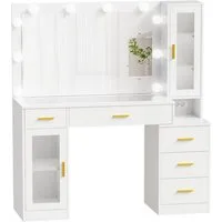 BEWISHOME Schminktisch mit LED-Spiegel und Ladestation, Glasplatte, 5 Schubladen (1-St), 3 Beleuchtungsmodi, einstellbare Helligkeit, 125x40x140cmn