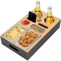 ElitVita Tabletttisch Couchbar Snackbox aus Bambus mit Edelstahlschalen, Sofatablett (1-St), mit Flaschenhalter & Korkenzieher,Snack Tablett für Couchbar,Kinoabend