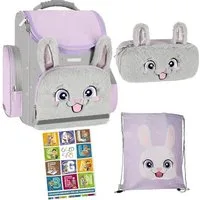 GOLDKIDS Schulranzen für Madchen, 4er-Set - (Schul-Rucksack für Kinder mit Federmäppchen, 1-tlg., - Schuhbeutel und Hausaufgabenheft), - Kaninchen Motiv - 1-3 Klasse