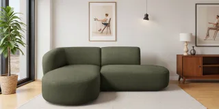 Ecksofa Designersofa BABETTE in Stoff Lins Moosgrün Ottomane Links