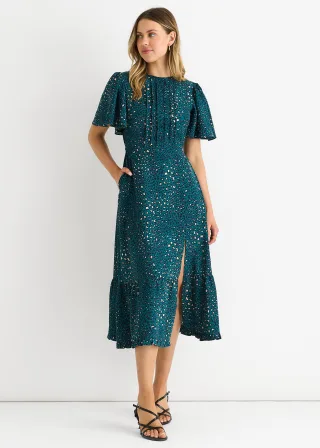 Grünes Smock-Kleid mit Tierprint, übergroß, gestuft, Midi-Länge