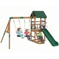 AIYAPLAY Schaukelgestell Rutsche, Schaukeln, Kletterwand, überdachtem Oberdeck Spielhaus, (Spielturm Klettergerüst, 1-tlg., Outdoor Kinder Kletterturm), aus Holz für 3-8 Jahre Kinder 315x284x233 cm