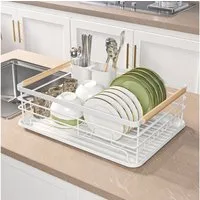 BlingBin Geschirrständer Geschirr Abtropfgestell mit Auffangschale, 43 × 30,5 × 14 cm, Rostfrei Spülkorb mit Holzgriff für Teller, Töpfe & Besteck, Weiß