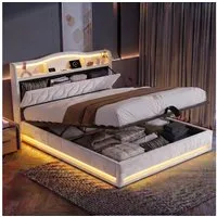 Furnishings Home Polsterbett Stauraumbett LED Doppelbett (1-tlg., Inkl. Komforthöhe Lattenrost, Leises Design Bett), Mit Bettkasten, RGB Beleuchtung, Ladefunktion
