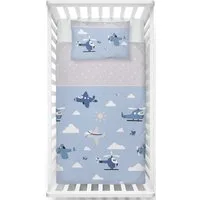 LINKHOFF Babybettwäsche Kleinkinder Bettwäsche 135x100 + Kissen 60x40cm - Flugzeuge Blau, 100% Baumwolle, Flanell Biber Bettwäsche