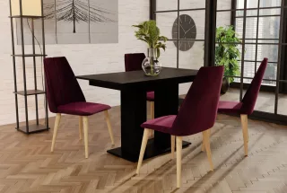 Essgruppe Schwarz matt-Tisch mit 4 Bordeauxrot CAROS Stühlen für Esszimmer, K...