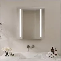 AQUABATOS Badezimmerspiegelschrank mit LED Spiegelschrank Bad mit Beleuchtung 60cm breit 2 türen (mit Steckdose Wandschrank Bad IR Sensor Doppelseitige Glasspiegel Soft-Close-Funktion Kaltweiß, Badezimmer Spiegelschrank Alurahmen Antibeschlag dimmbar